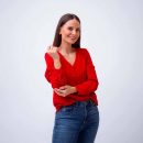 BLUSA M/L C/V FRANJA BOTONES - L, ROJO