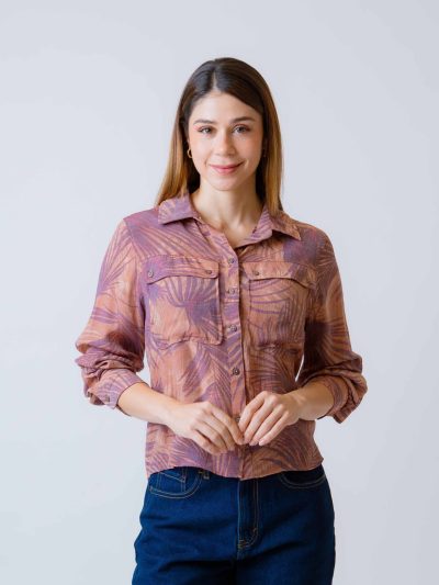 BLUSA M3/4 ESTAMPADA PALMAS 2 BOLSAS